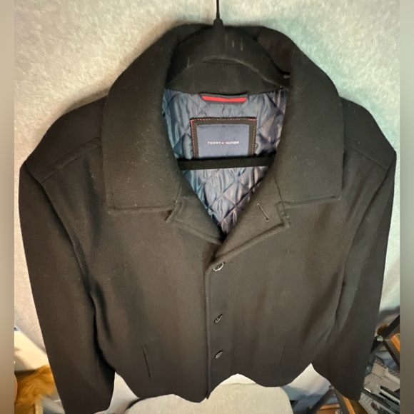 TOMMY HILFIGER Wool Blend Sport Coat  Mens XL Pea Overcoat Winter Warm Black EUC - Picture 2 of 9